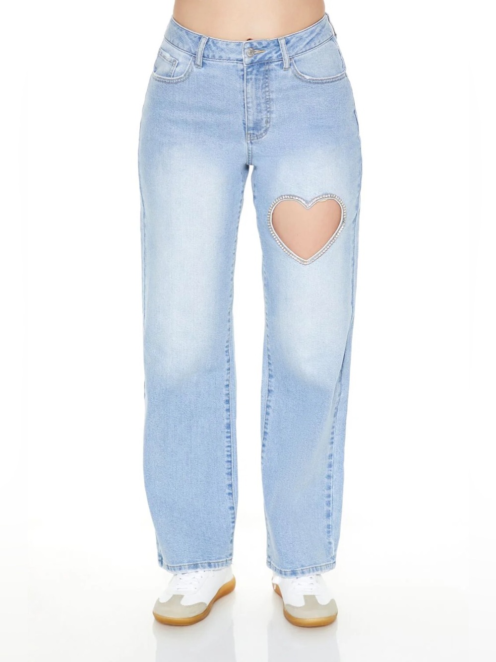 Cute Y2K Coquette Forever 21 Rhinestone Heart Cutout Straight-Leg Street Jeans